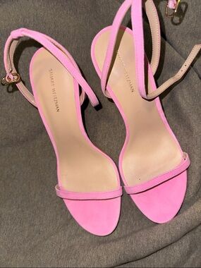 Stuart Weitzman Nudistsong Pink Suede Single-Strap Ankle-Heel Sandals